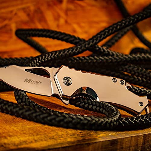 MTech USA – Spring Assisted Folding Knife – Mirror Polished Fine Edge Stainless Steel Blade and Handle, Bottle Opener, Pocket Clip, Tactical, EDC, Self Defense- MT-A882SCH