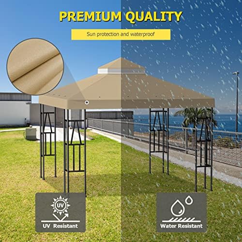10'x10' Replacement Canopy Top Cover Only for Gazebo, Double Tiered Gazebo Covers for Outdoor Patio Garden Canopy Upgraded 2025 (Khaki)