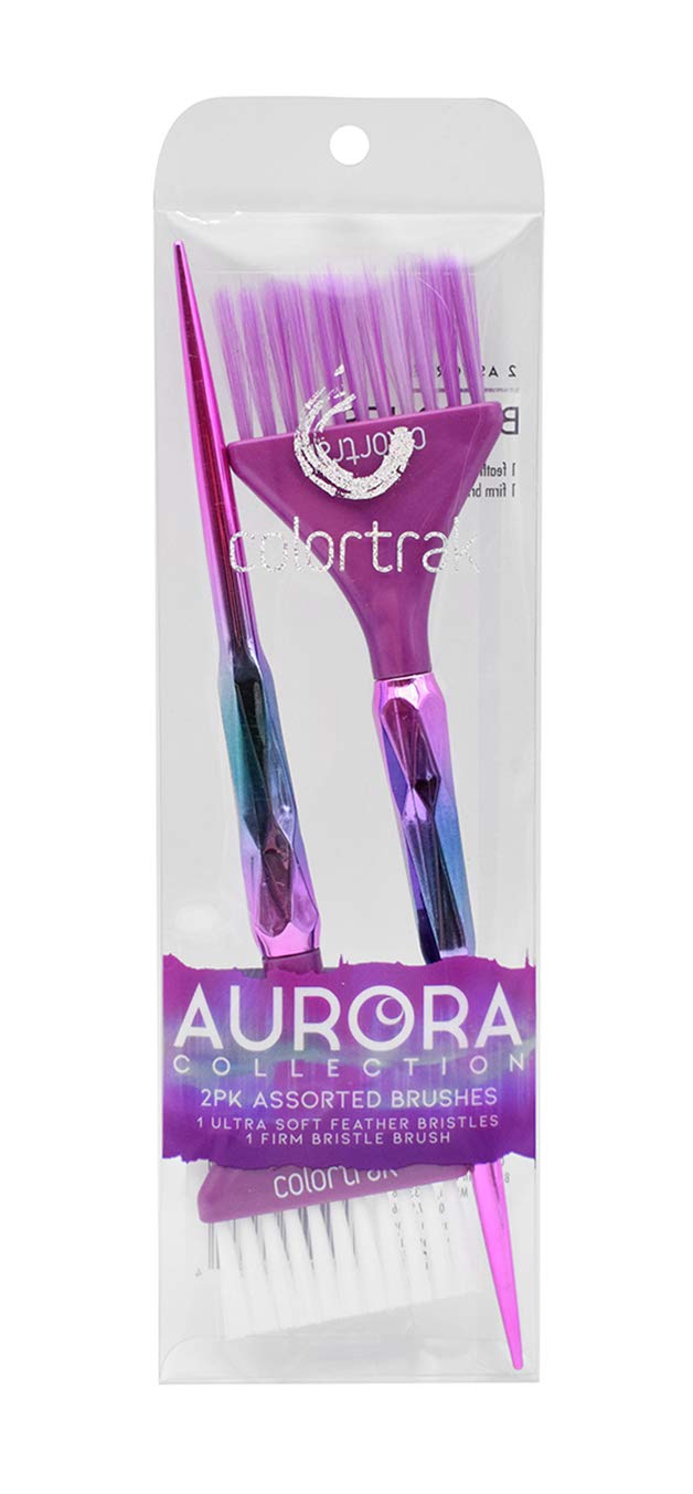 Colortrak The Aurora Collection Wide Color Brushes, Gem-Cut Handle, Tapered End, Stain-Free Metallic Finish, Matches Other The Aurora Collection Products, 2 Pack - 1xFirm Bristle, 1xFeather Bristle