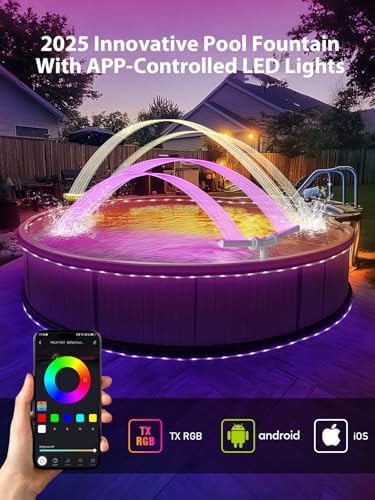 Pool Fountain with Solar Lights, for Above and In-ground Pool with 10-Color LED Lights, Control by APP, 360°Adjustable Dual Spray Waterfall Sprinkler
