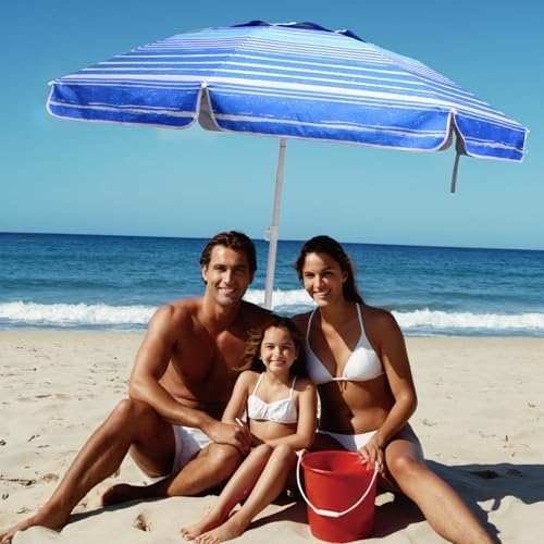 6.5ft Beach Umbrella - Heavy Duty Wind Resistant UV 50+ Portable Sun Shade with Sand Anchor & Carry Bag, Outdoor Folding Umbrella for Beach, Pool, Patio, Garden (Blue Stripe)