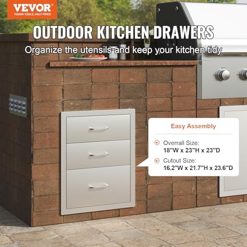 VEVOR 18x23 Inch Outdoor Kitchen Stainless Steel Triple Access BBQ Drawers with Chrome Handle, 18 x 23 x 23 Inch