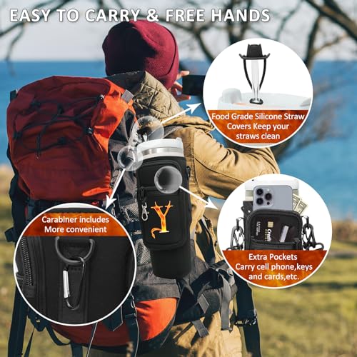 Sunegg Initial Water Bottle Carrier Bag for Stanley 40 oz Tumbler with Handle, Water Bottle Holder Pouch with Phone Pocket, Straw Cover & Carabiner, Nice Accessories for Stanley Cup(Black S)