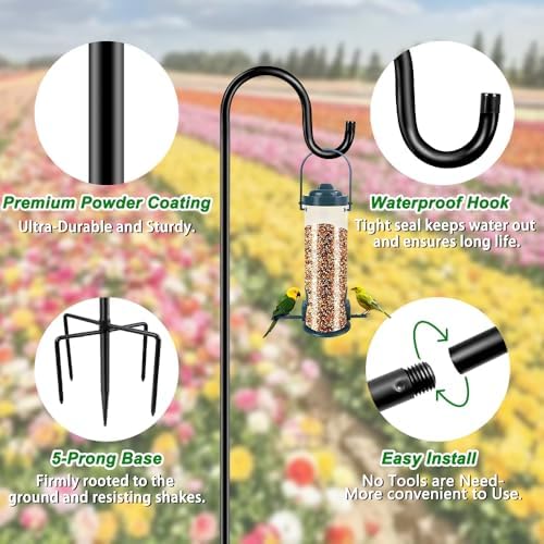 48 Inch Shepherds Hooks for Outdoor, Heavy Duty Bird Feeder Pole with 5 Prong Bases, Garden Hanging Stake for Bird Feeder, Solar Light, Plant Hanger, Wedding Decor, Metal Hanger Hooks, Black, 2 Packs