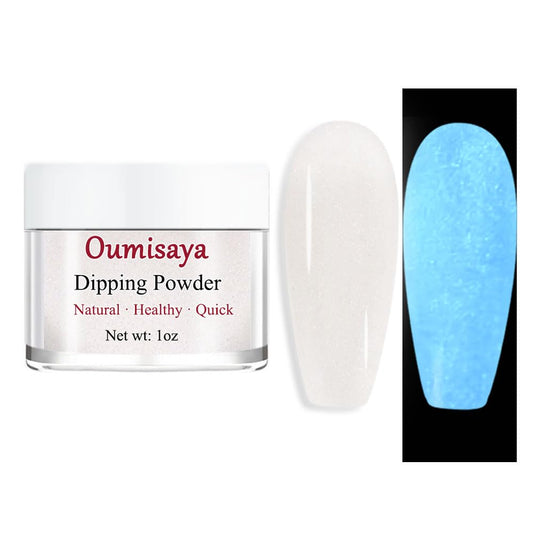 Oumisaya Glow in the Dark Clear Nail Dip Powder 1OZ Semi-Transparent Top Coat Powder for nail arts Glow Blue