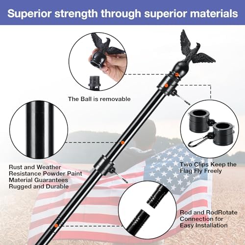 6FT Flag Pole Kit for House with Holder Bracket, Upgrade Stainless Steel Tangle Free Flagpole, Heavy Duty House Flag Pole Kit for 3x5 American Flag for Outside Porch,Outdoor,Boat (Black)