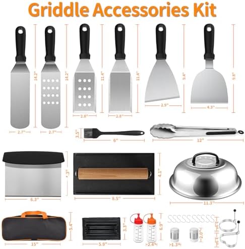 29PCS Griddle Accessories Kit,Flat Top Grill Accessories for Camp Chef Blackstone Griddle Accessories with Enlarged Spatulas,Tongs,Spice Shakers,Basting Cover,Scraper for Outdoor Barbecue