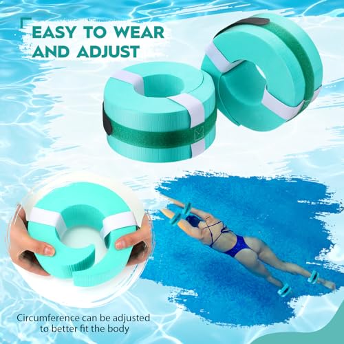 RoundFunny 2 Pcs Foam Swim Aquatic Cuffs Equipment Water Aerobics Float Ring with Detachable Hook and Loop Fastener Fitness Workout Set for Swimming Fitness Training Pool Exercise (Aquamarine)