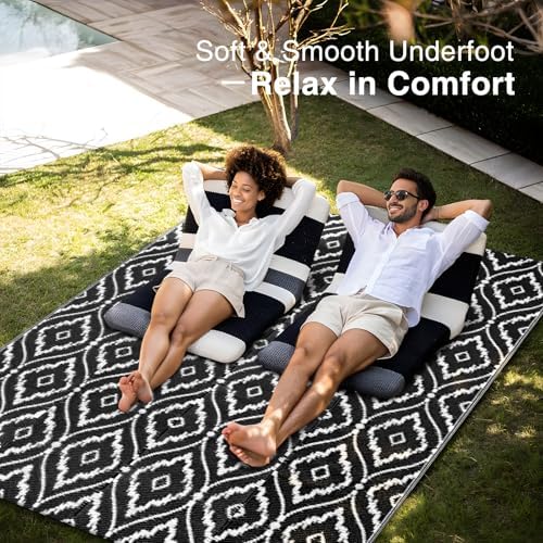 OLANLY Outdoor Rug 5x8 ft Waterproof, Outdoor Plastic Straw Rug with Geometric Pattern Clearance, Reversible RV Mat for Patio, Camping, Balcony, Deck, Backyard, Black & White