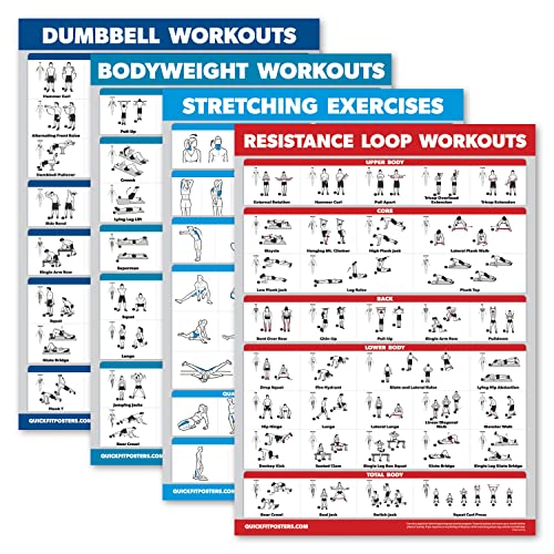 Palace Learning 4 Pack - Dumbbell Workouts + Bodyweight Workouts + Stretching Exercises + Resistance Loops - Set of 4 Workout Charts (18” x 24”, LAMINATED)