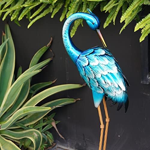 chisheen Crane Garden Statues, Metal Garden Crane Outdoor, Blue Heron Sculpture Metal Yard Art, Large Heron Decoy, Bird Statues, Lawn Ornaments for Backyard Pond Patio Porch Outside Decorations