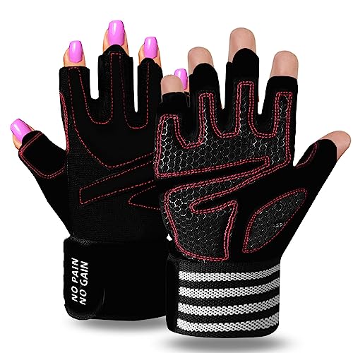 Weight Lifting Gloves for Women Gym Workout with Wrist Support,Padded Half Finger Gloves for Fitness Exercise (Black-Pink, X-Small)