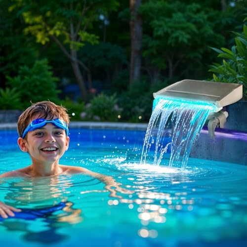 LED Pool Fountain Waterfall for Above Ground Pools, 7 Different Lighting Colors, Smooth Flowing Pool Waterfall Relaxing Cascade for Outdoor Decor, Adjustable Width Fits Various Frames
