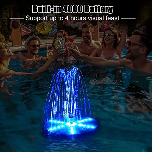 Solar Bird Bath Fountains Upgraded, 4W Solar Powered Water Fountain Pump with 4000 Battery, 7 Nozzles & 4 Fixers, Colorful LED Lights for Garden, Pond, Swimming Pool, Fish Tank, and Outdoor