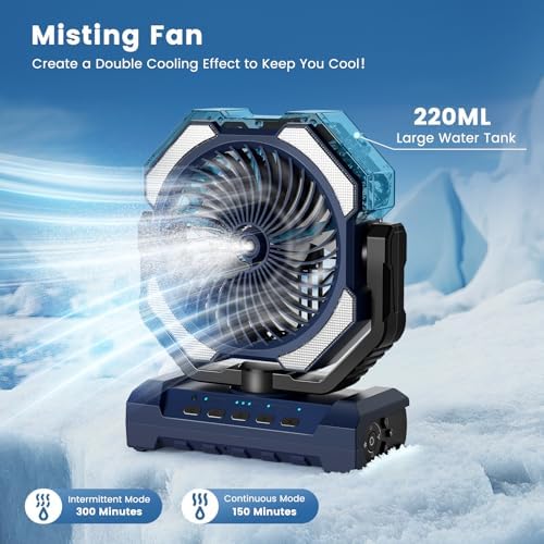 Misting Fan Portable, 20000mAh Rechargeable Battery Powered Camping Fan with Light, Personal USB Battery Operated with Hook & 250mL Water Tank for Outdoor, Tents, Beach, Travel.