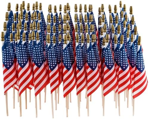 Crystal Lemon 50-Pack Small US American Handheld Flags – 4x6 Inch Stick Flags with Golden Spear Tip on 11” Wooden Staff – 100% Polyester, Reusable for Patriotic Events