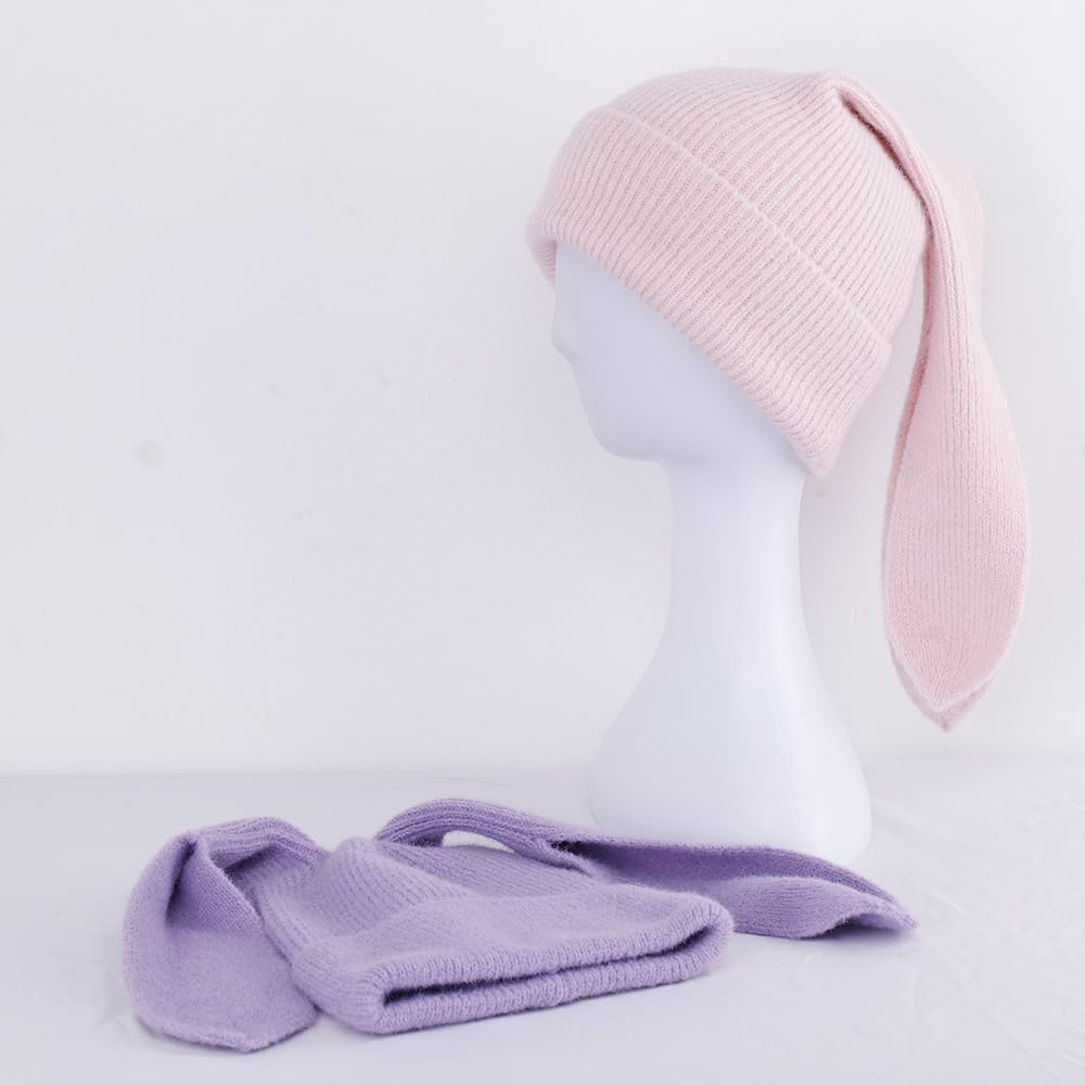 Bunny Beanie Hats for Women Cute Rabbit Beanie Crochet Hats Winter Cap Warm Skull Cap Outdoor Ski Slouchy White