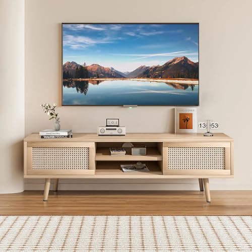 Rattan TV Stand for Bedroom, Entertainment Center for 55 Inch TV, Modern TV Stands with Storage, Small TV Media Table, TV Console Cabinet for Living Room, Farmhouse, Oak, Wood