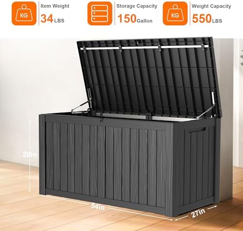 150 Gallon Resin Deck Box, Lockable Patio Outdoor Storage Box for Furniture, Garden Tools and Tools Storage, Waterproof Outside Storage Boxes - Black