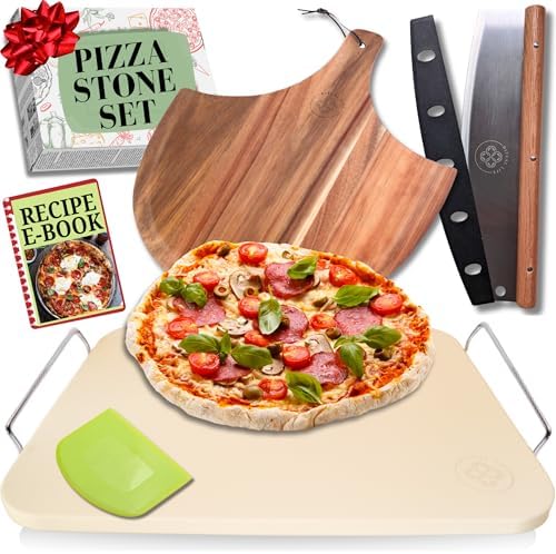 Pizza Stone for Oven and Grill Set - 5PCS Pizza Making Accessories Kit - 15 inch Pizza Stone with Handles, Pizza Peel, Pizza Cutter, Dough Tool - Baking Stone for Bread - Large Rectangular Oven Stones