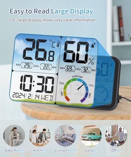 VOCOO Digital Indoor Room Thermometer - 5.8'' Extra Large Display Temperature Humidity Sensor with Accurate Temp Humidity Gauge Monitor, Calibration, Max & Min Records, Comfort, Backlit, Date & Clock