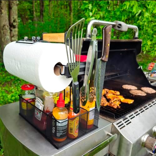 Geesta Grill Caddy - BBQ & Picnic Caddy with Paper Towel & Magnetic Tool Holders, Condiment Storage for Camper & Tailgate