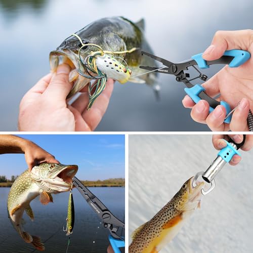 Mossy Oak 2Pcs Fishing Tools Kit- Fishing Plier, Fish Lip Gripper, Multifunctional Fishing Hook Remover with Lanyards Sheath, Saltwater Resistant Fish