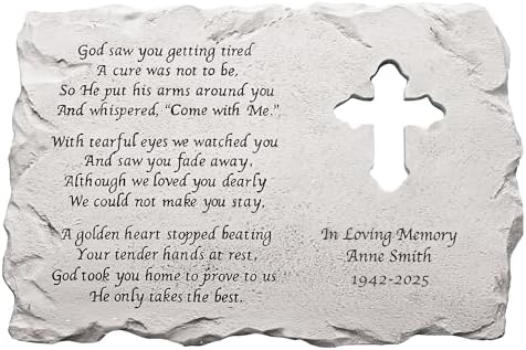 Let's Make Memories Personalized Cross Memorial Stone - Sympathy Condolences - Grave Marker - Durable Indoor/Outdoor Resin Garden Stone - Laser Engraved Verse + Custom Message - Cross Cutout