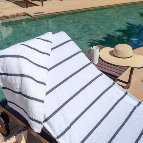 Arkwright Las Rayas Chaise Lounge Cover - Pack of 2 - Terry Towel 100% Striped Soft Cotton with Pocket Holder for Beach Pool Outdoor Chair, 30 x 85 in, Dark Grey