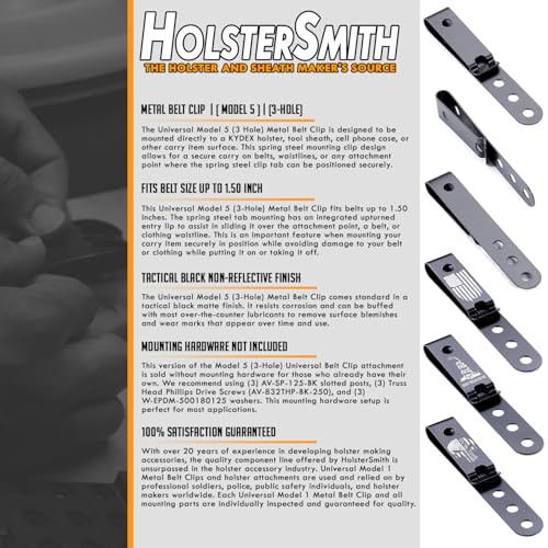 HolsterSmith Universal Metal Belt Clip for Holster Making - (Model 5) - (3-Hole) - (Tactical Black) - (w/Spartan Helmet Engraving) - (2 Pack)
