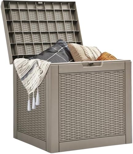 YITAHOME 32 Gallon Outdoor Storage Box, Water Resistant Resin Deck Box, Indoor Outdoor Lockable Storage Container for Patio, Garden, Cushions, Tools, Equipment(Brown)
