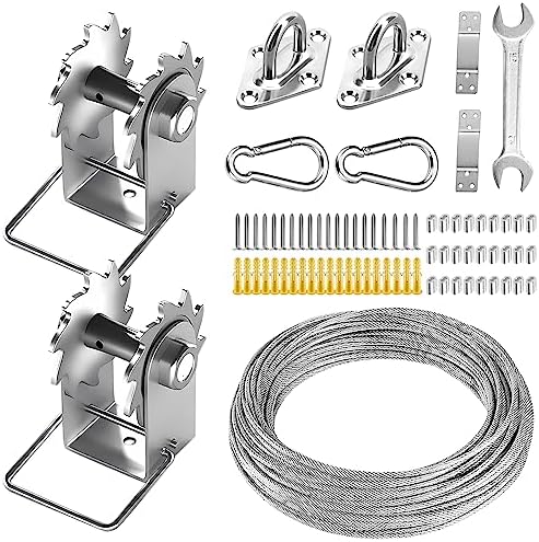 FZENeast Shade Sail Hardware Kit Include Winches & Wire Rope, Anti-Rust Stainless Steel Sun Shade Hardware Kit for Rectangle Square Triangle Shade Sail Installation(75 PCS)