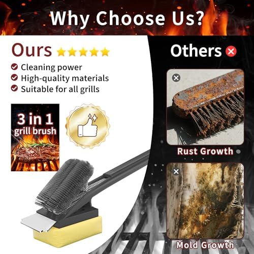 Grill Brush with Scraper-Replaceable Steam BBQ Grill Cleaner Brush Head -Black 3-in-1 Safe Barbecue Clearning Brush Tools for Cast Iron/Stainless-Steel Grates (2 Steam Brush Heads)-Gifts for Grill Men
