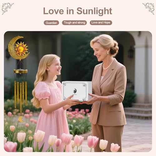 JYPS Sun Moon Solar Wind Chimes, 47-Inch Large Waterproof Windchimes for Outside with Glowing Crackle Glass Ball, Garden Patio Yard Decor Mother's Day Birthday Unique Gifts for Women Mom Grandma Wife