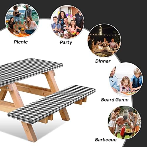 RNOONY Vinyl Fitted Picnic Table Cover with Bench Covers and Bag, 6ft Outdoor Waterproof Windproof Tablecloth with Elastic Edges. Camping RV Gear Campers Must Have 72x30 Inches 4 Pcs Set (Black)