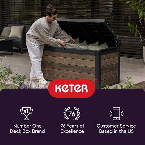 Keter Denali 150 Gallon Resin Large Deck Box with Double Wall 20mm Panels - Paintable and Drillable-Organization and Storage for Patio Storage Box and Outdoor Items, Grey & Black