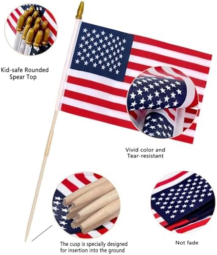 24 Pack 12x18 Inch American Flags For outside, US Flags with Kid-Safe Spear Top, Pluggable ground Multi-Purpose wood Flagpole , Patriotic Decorations, Memorial Day, 4th of July decorations,Independence Day Patriotic Holiday Yard Garden Flags