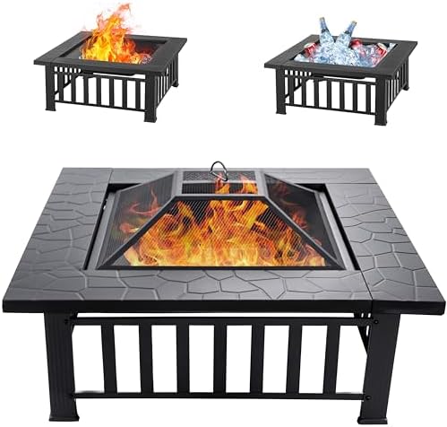 36 inch Fire Pit, Square Outdoor Fire Pit Table with Spark Screen & Fire Poker, 3-in-1 Multipurpose Firepits for Outside, Fireplace for Yard, Garden, Patio