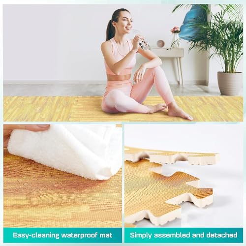 Yes4All 12SQ.FT Wood Grain Puzzle Exercise Mat Protective Flooring, EVA Interlocking Foam Floor Tiles with Border for Home