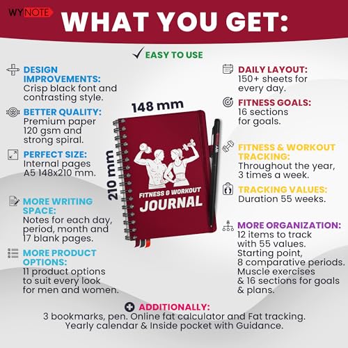 Fitness Journal Burgundy on 150+ Workouts + Yearly Calendar + 55 Tracking Values - A5 Workout Journal with Fat tracking - Planner to 12 items to track + 7 comparative periods + Goals