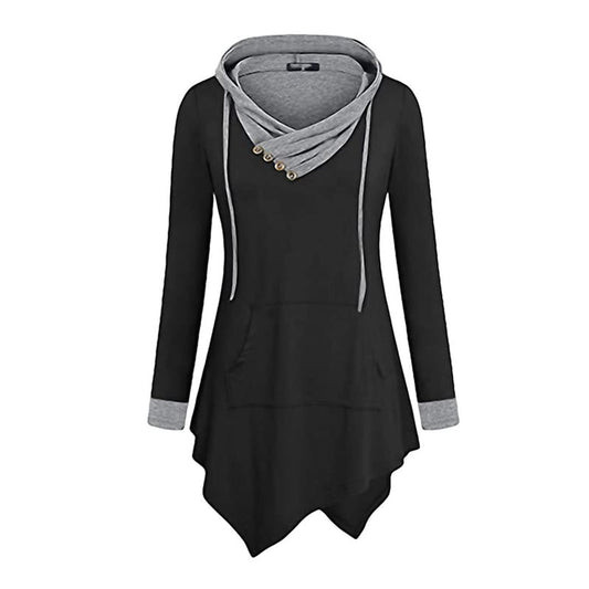 JEsilunmaMY Womens Hoodies Long Sleeve V Neck Irregular Hem Pullover Tops Solid Color Loose Patch Pocket Hooded Sweatshirt (Black2,Small)