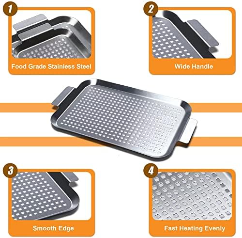 Grill Pan Set of 2, BBQ Grill Topper for Outdoor Grill, Stainless Steel Grilling Baskets with Holes and Handles, Perforated Food Tray Barbecue Accessories for Vegetable, Fish, Meat, Seafood