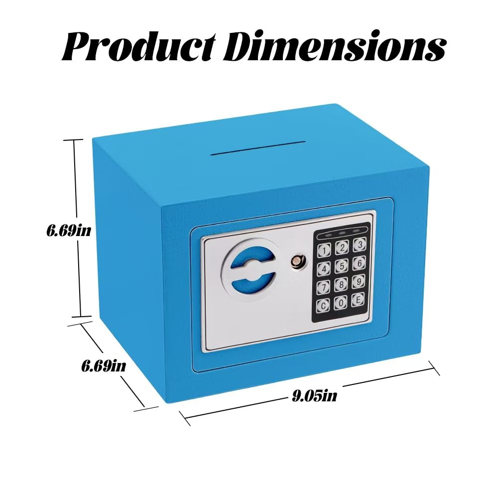Small Safe Box With Digital Keypad & Keys - 9.05 x 6.7 x 6.7 Inches Wall Safe 0.23 Cuft Mini Security Lock for Money, Cash, Coin, Jewelry - Home Office Hotel Rooms Business (Blue2)