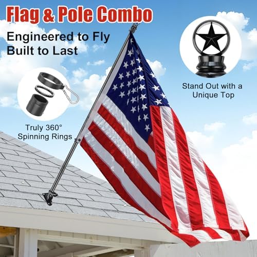 American Flag with Pole Kit - 5ft Heavy Duty Stainless Steel Flagpole for Outside House,3x5 Embroidered US Flags,Tangle-Free Outdoor, Metal Holder Mount Bracket for Residential Porch,Wall -Black
