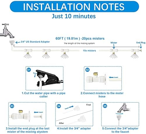 Mister System for Outside Patio 65Ft (20M), Outdoor Misting System, Patio Misters for Cooling, Backyard Water Mister Kit for Waterpark, Garden, Greenhouse, Canopy, Porch, Umbrella, Gazebo, Trampoline
