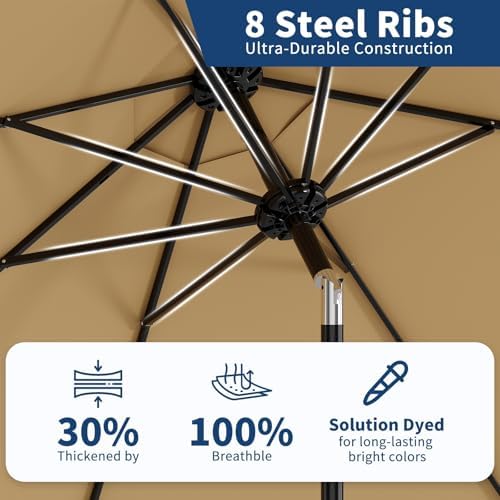 10Ft Patio Umbrella - 8 Sturdy Ribs Outdoor Table Umbrella with Crank Lift & Push Button Tilt - Market Umbrella for Pool, Deck, Yard, Garden - Tan