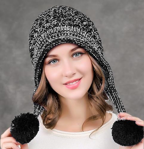DOCILA Winter Knit Hats for Women Soft Faux Fur Pom Ear Flaps Beanie Warm Travel Ear Covers Peruvian Hat Fleece Liner Sherpa Skii Snow Camping Skully Cap (Black)