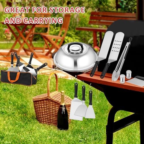 25Pcs Griddle Accessories Kit, Leonyo Flat Top Grill Accessories, Professional Griddle Tools with Enlarged Spatulas, Basting Cover, Metal Scraper, Smash Burger Press for Outdoor Barbecue