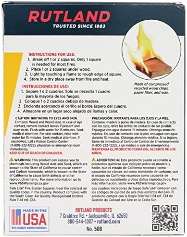 Rutland 50B Safe Lite Fire Starter Squares for Fireplaces, Grill Pits, Campfires, BBQ & Smokers - Longer Burn - 144 Squares