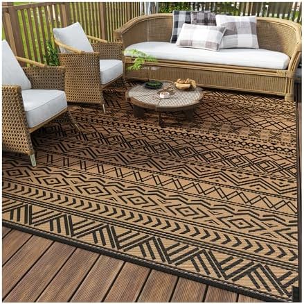 MontVoo-Outdoor Rug Carpet Waterproof 5x8 ft Reversible Patio Rug RV Camping Rug-Plastic Straw Rug Outside Indoor Outdoor Area Rug for Patio Deck Balcony Picnic Beach Outdoor Decor Boho Black Brown